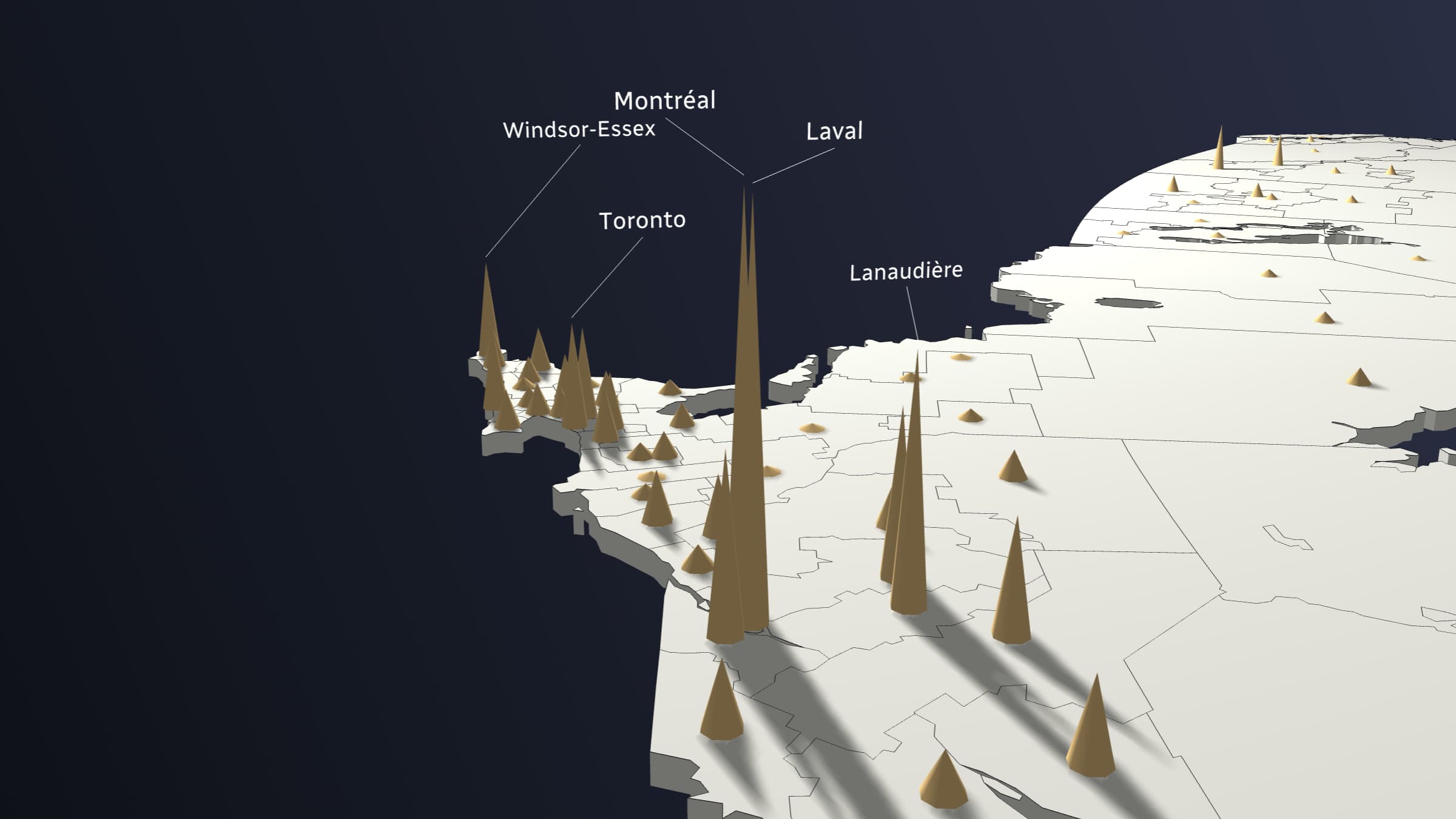 A 3D map of Canada showing the number of COVID cases in the country.