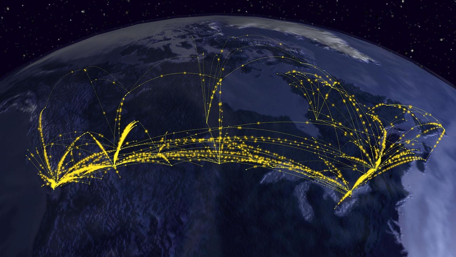 A data visualization in which each dot represents a plane flying over Canada.