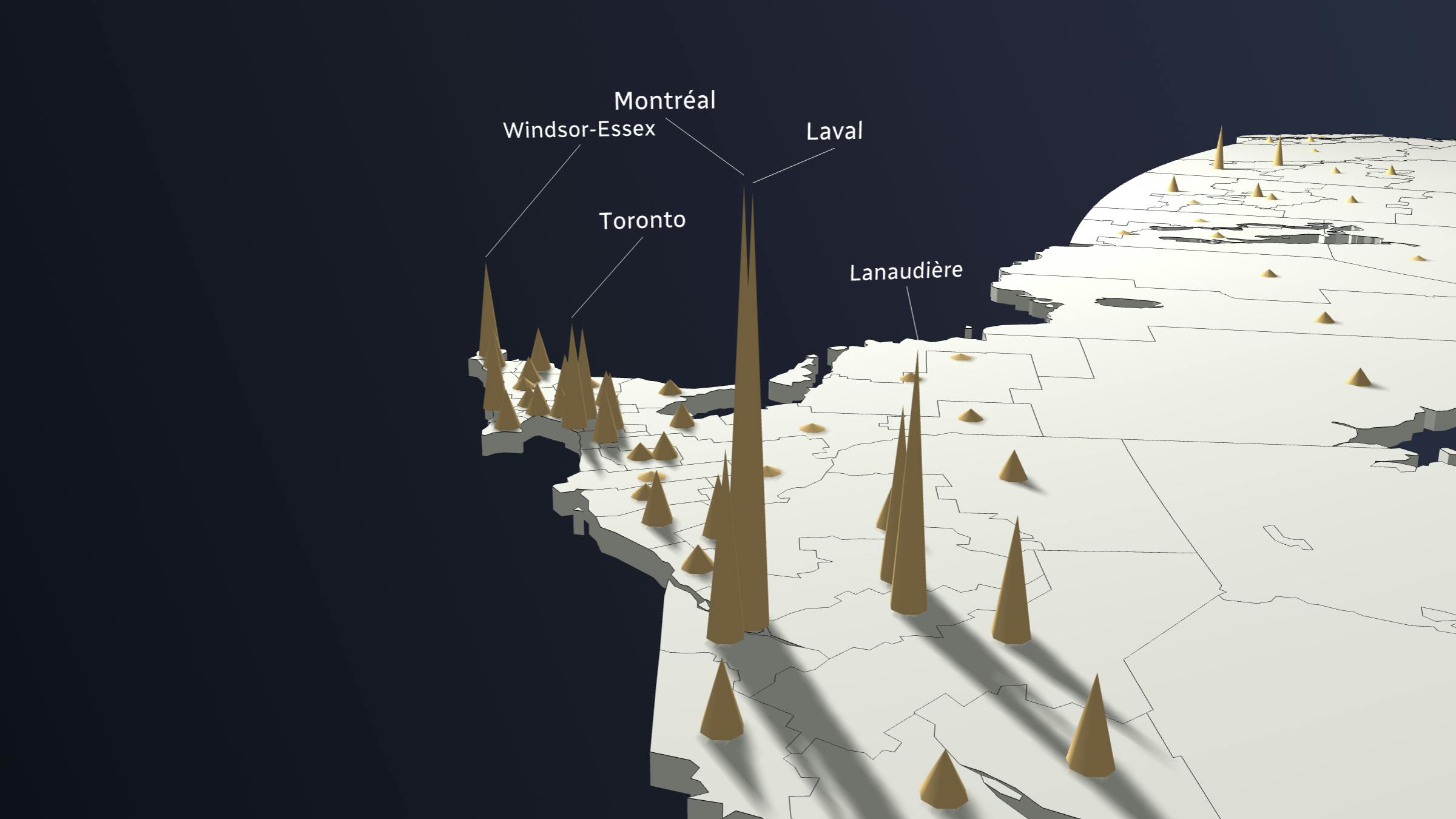 Une carte du Canada en 3D montrant les cas de covid au pays.
